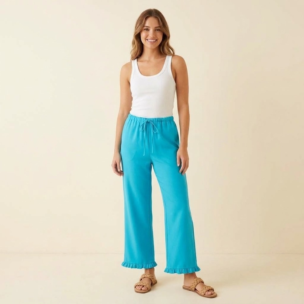 Orvis Ruffle Hem Pants Women Medium Blue Textured Drawstring Coastal Trousers
